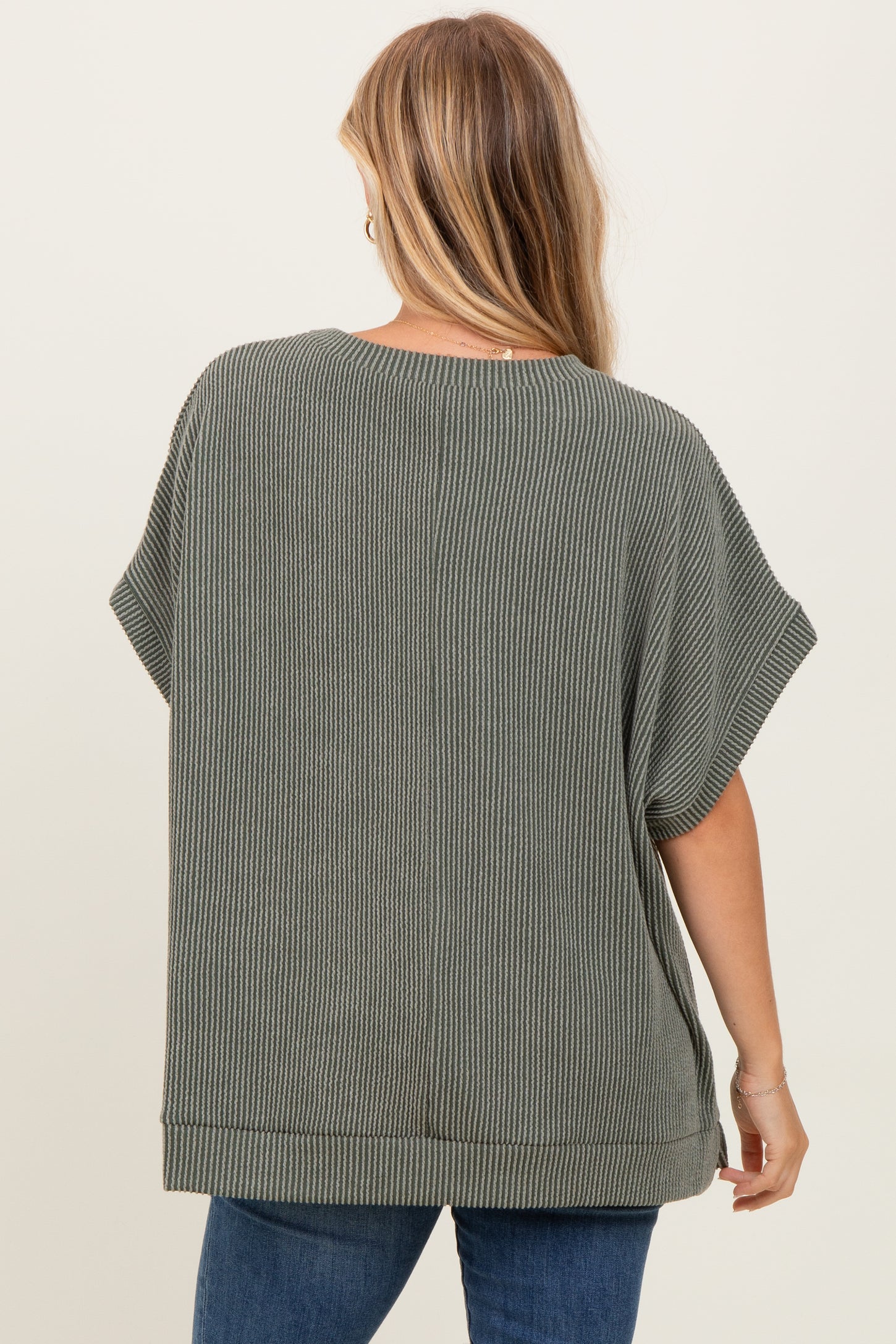 Olive Solid Ribbed Short Sleeve Oversized Tunic Top