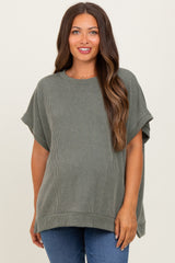 Olive Solid Ribbed Short Sleeve Oversized Maternity Tunic Top