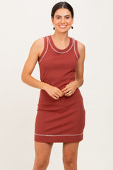 Rust Contrast Stitch Sleeveless Mini Dress