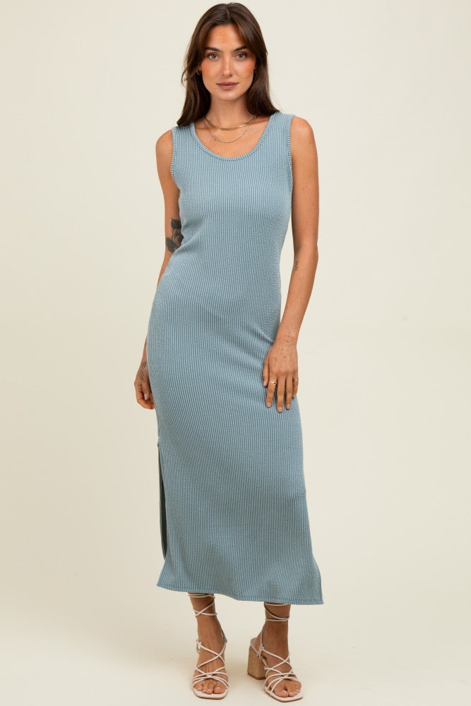 Blue Ribbed Side Slit Maxi Dress