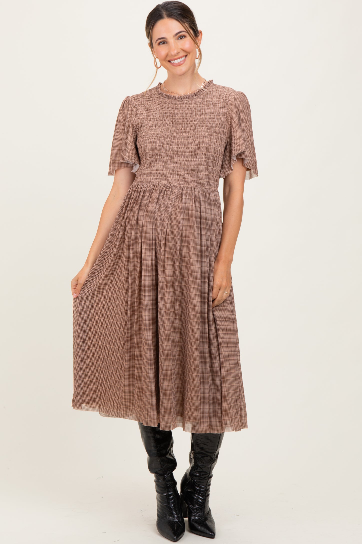 Beige Plaid Smocked Mesh Maternity Midi Dress