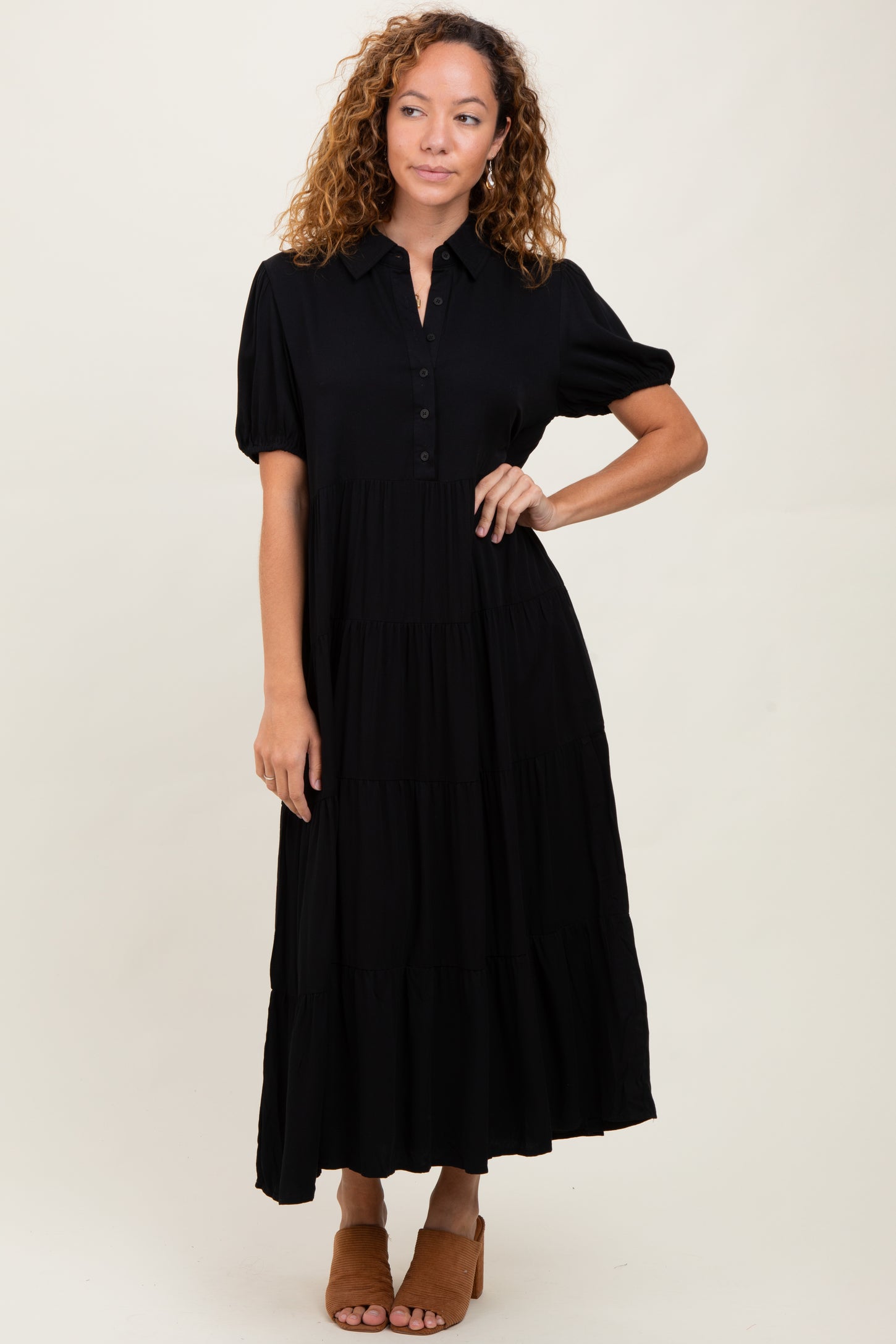 Black Collared Button Down Tiered Midi Dress
