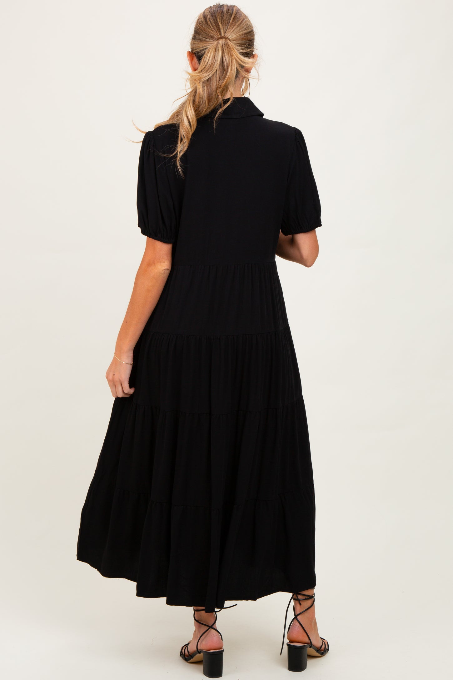 Black Collared Button Down Tiered Maternity Midi Dress