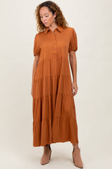 Camel Collared Button Down Tiered Midi Dress