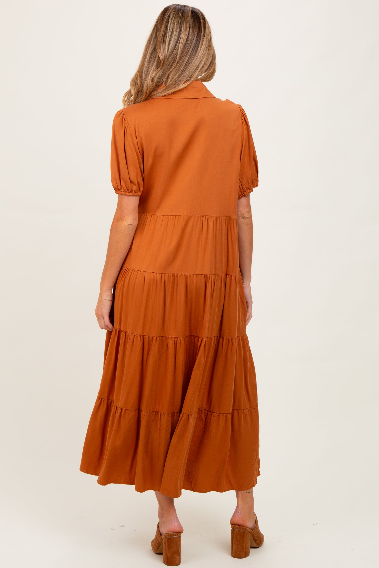 Camel Collared Button Down Tiered Maternity Midi Dress