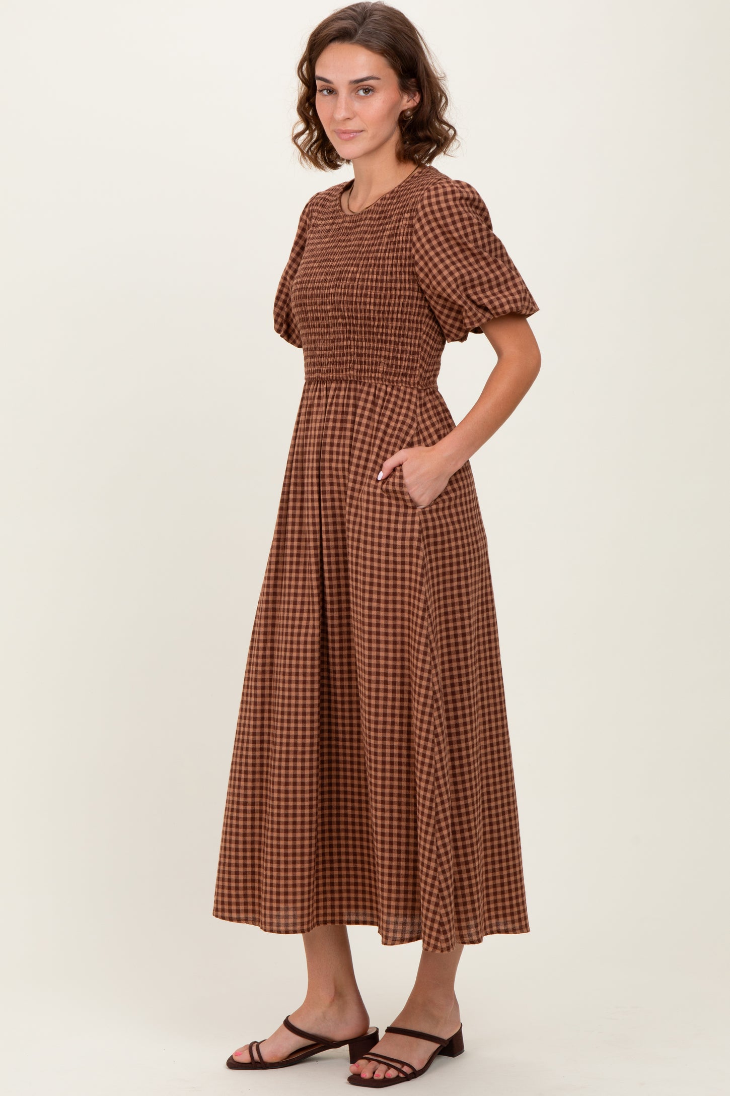 Brown Gingham Smocked Tiered Maternity Midi Dress
