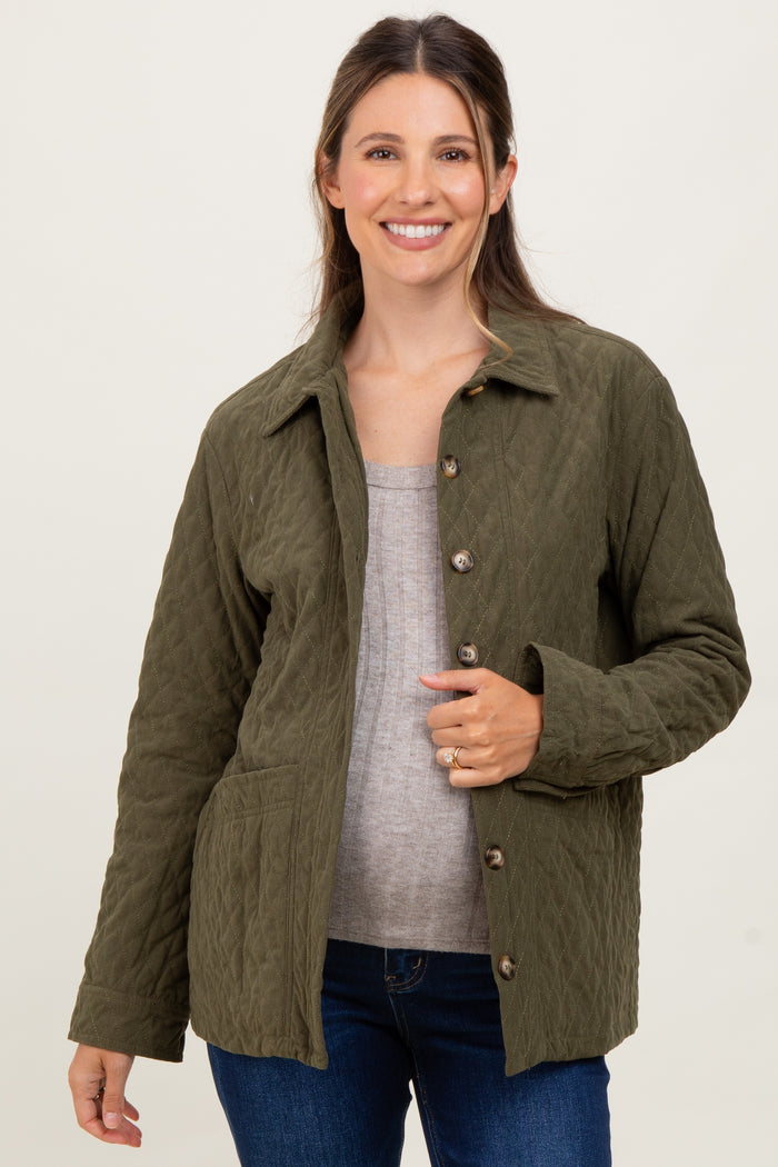 Olive Quilted Button Maternity Jacket