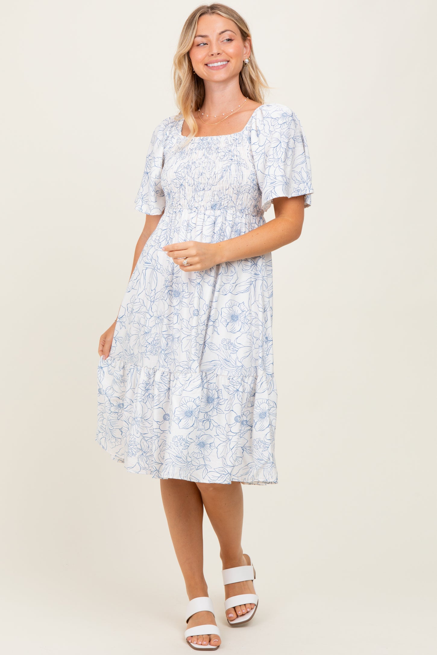 Ivory Floral Smocked Flutter Sleeve Midi Dress