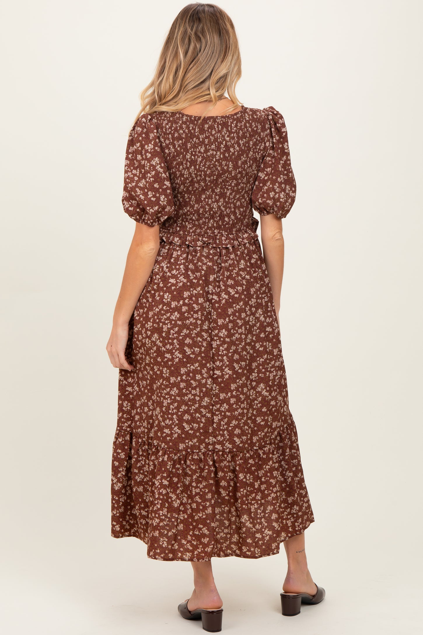Brown Floral Smocked Short Sleeve Maternity Midi Dress
