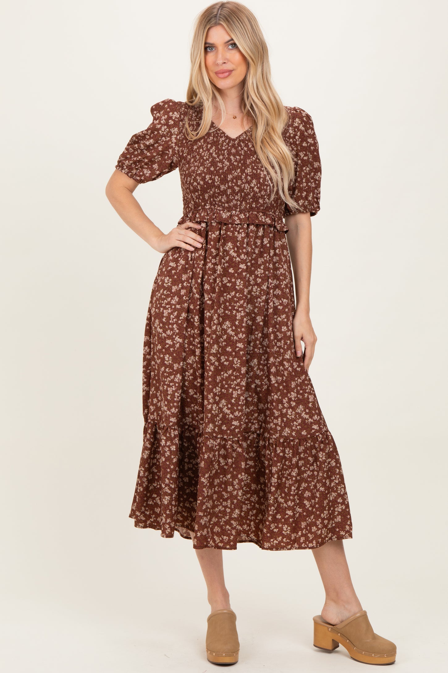 Brown Floral Smocked Short Sleeve Midi Dress