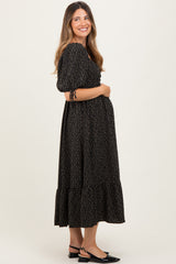 Black Floral Tie Sleeve Maternity Midi Dress