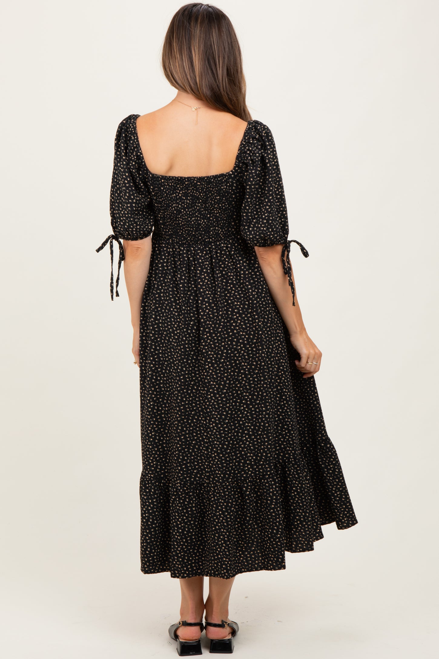 Black Floral Tie Sleeve Maternity Midi Dress