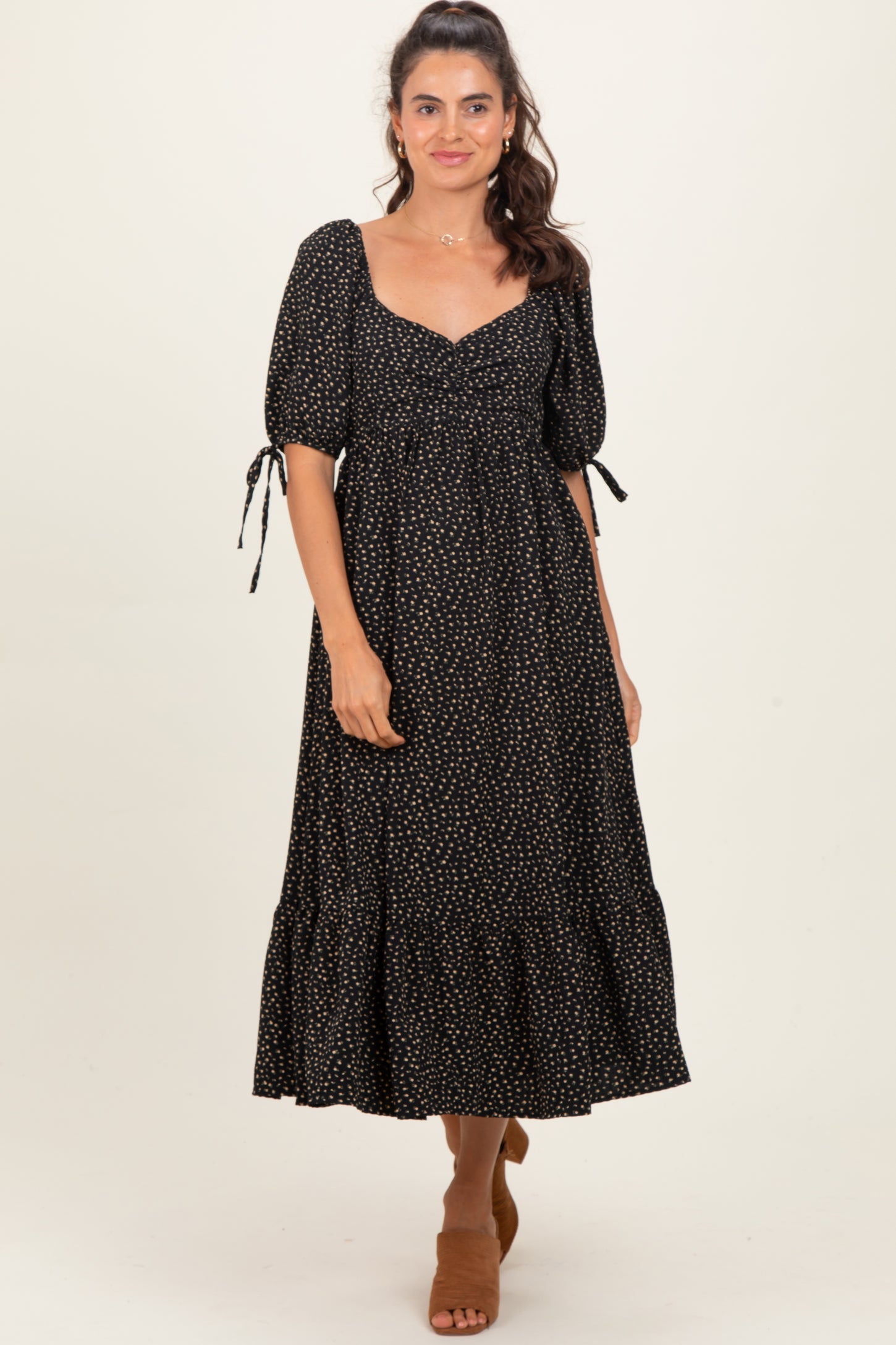 Black Floral Tie Sleeve Midi Dress