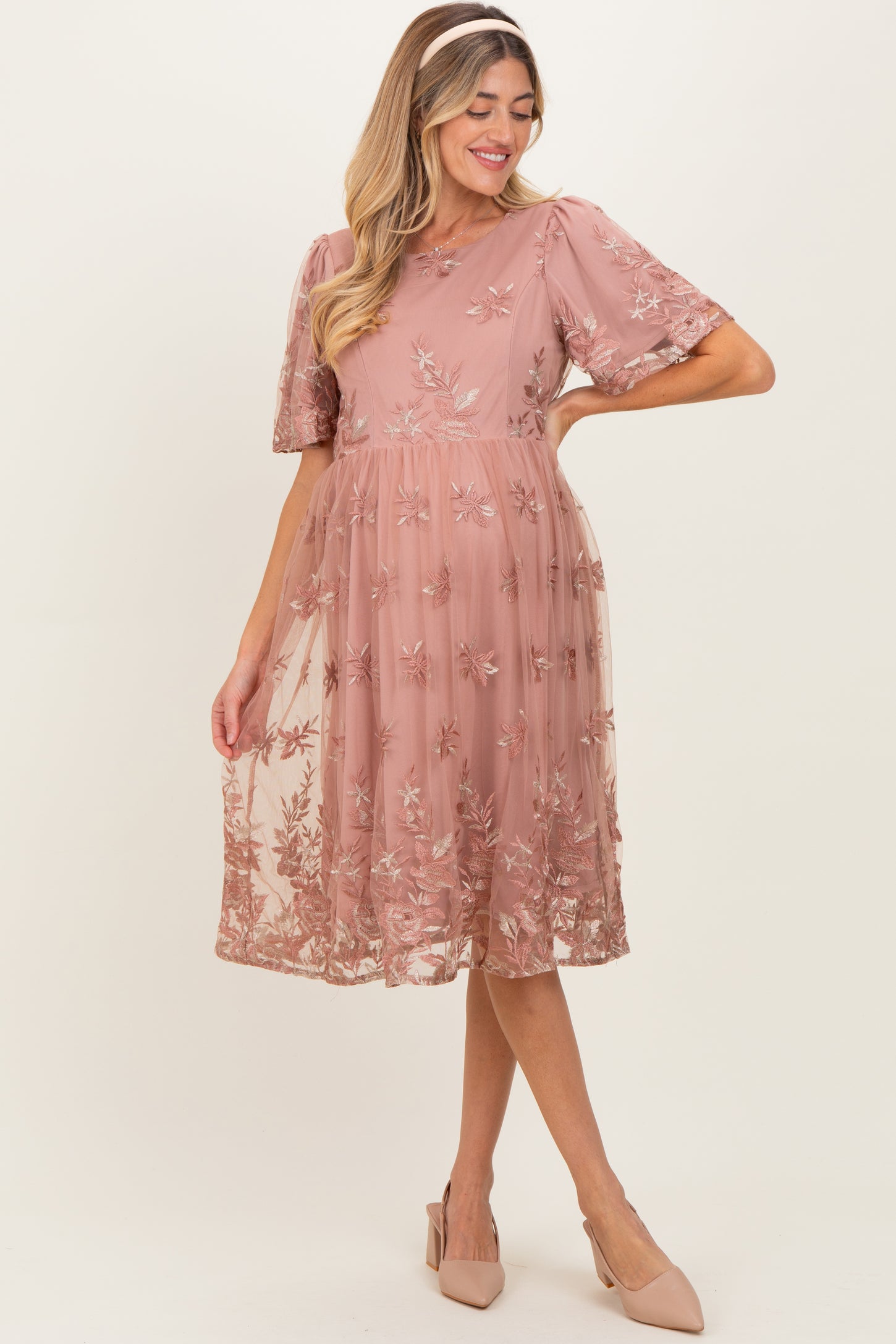 Light Pink Floral Embroidered Mesh Maternity Midi Dress