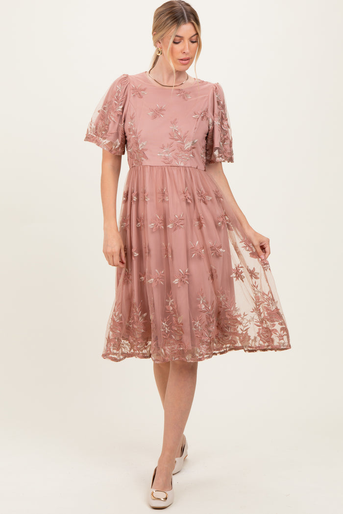 Light Pink Floral Embroidered Mesh Midi Dress
