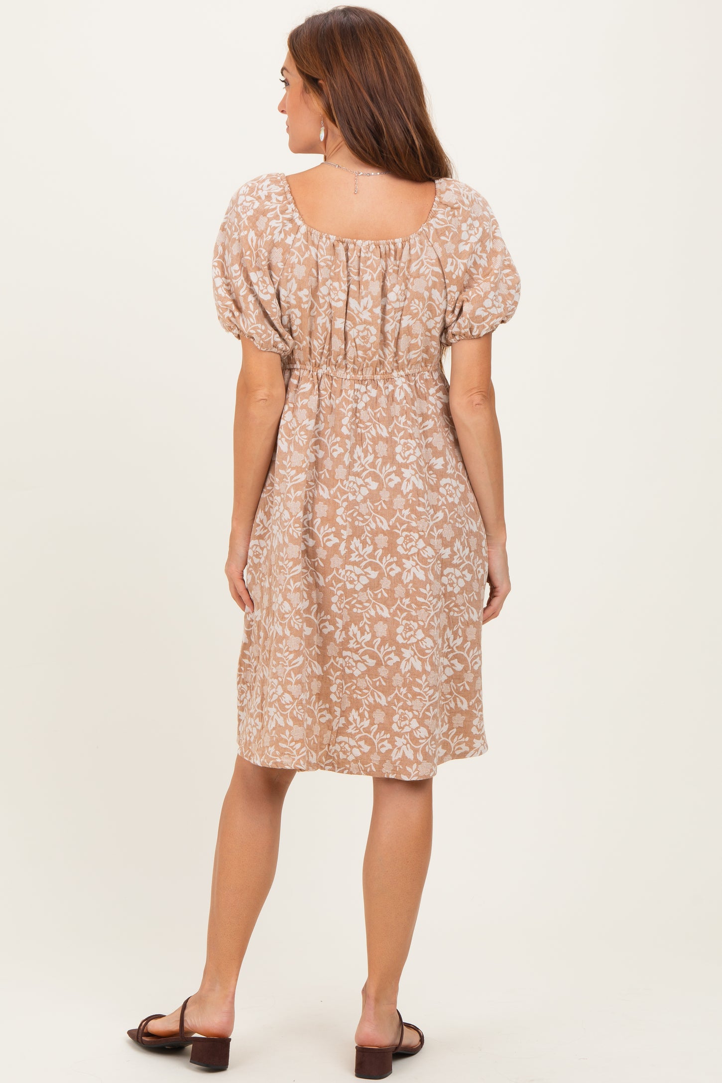 Taupe Floral Jacquard Square Neck Dress