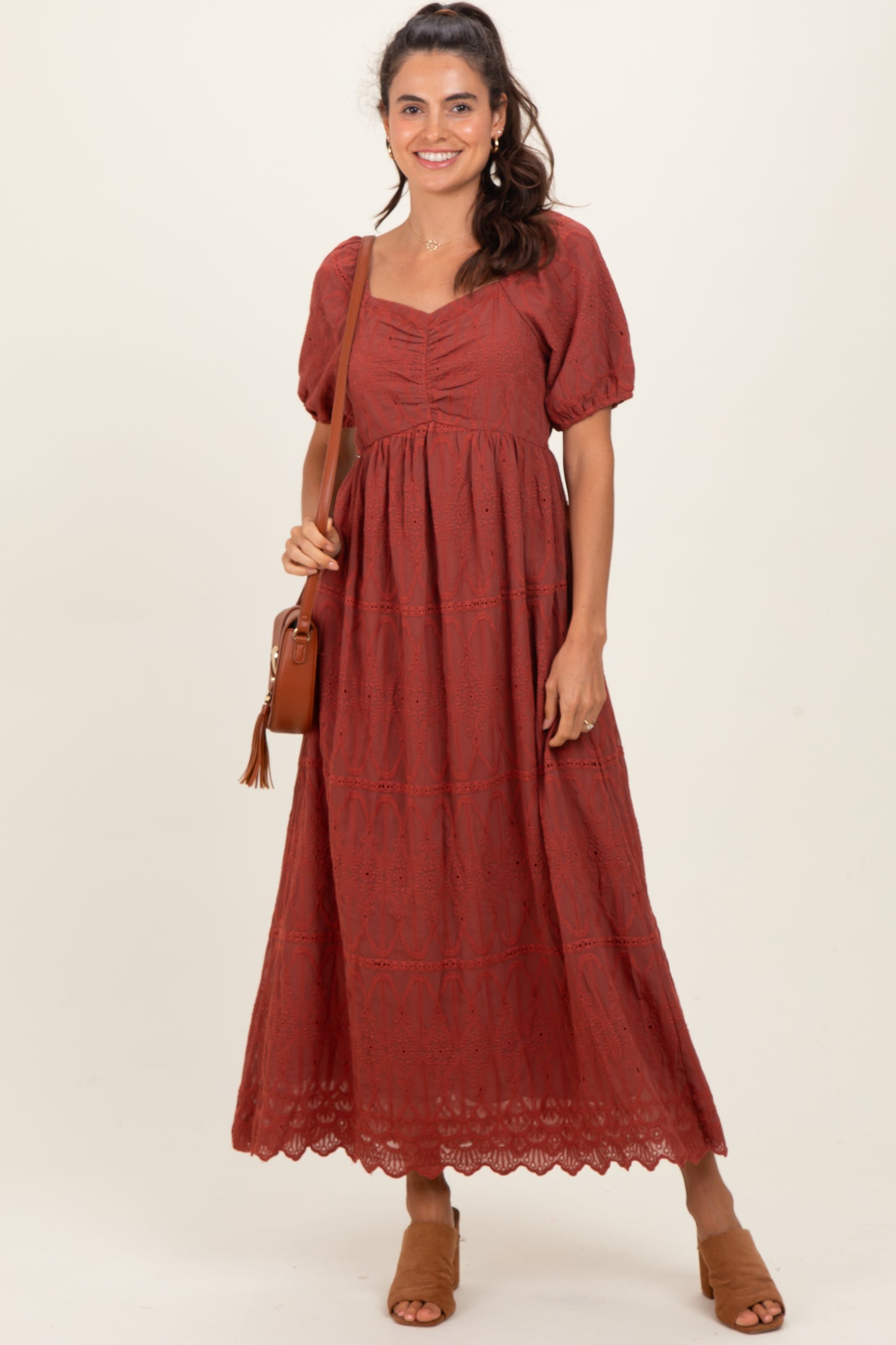 Rust Floral Embroidered Chiffon Maternity Midi Dress