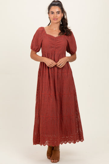 Rust Floral Embroidered Chiffon Midi Dress