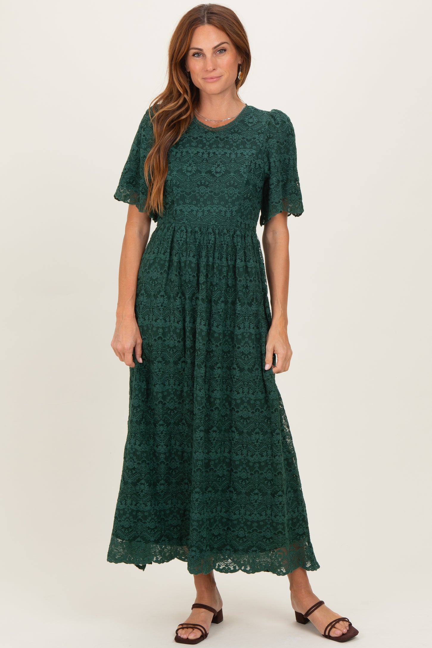 Forest Green Floral Lace Midi Dress