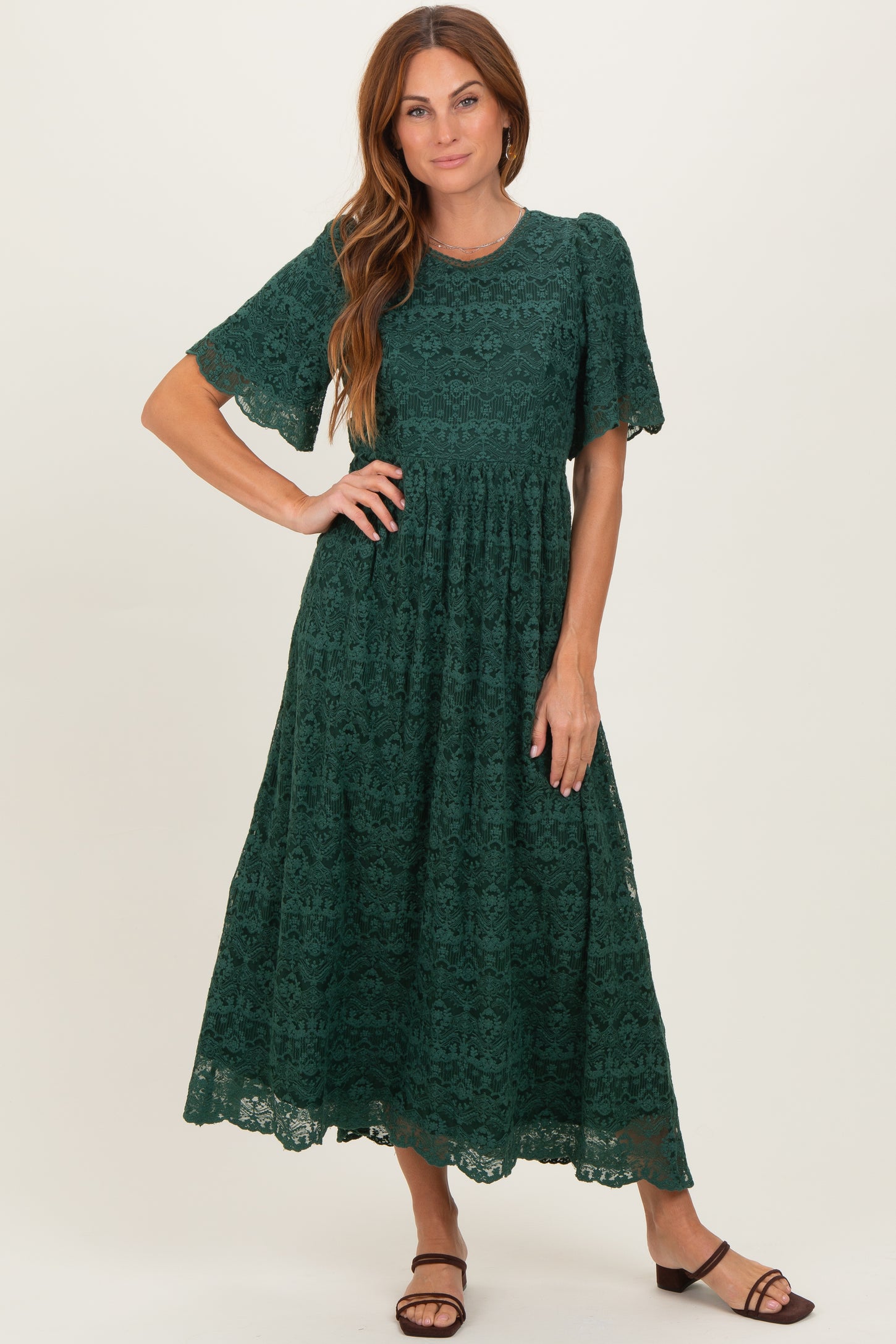 Forest Green Floral Lace Midi Dress