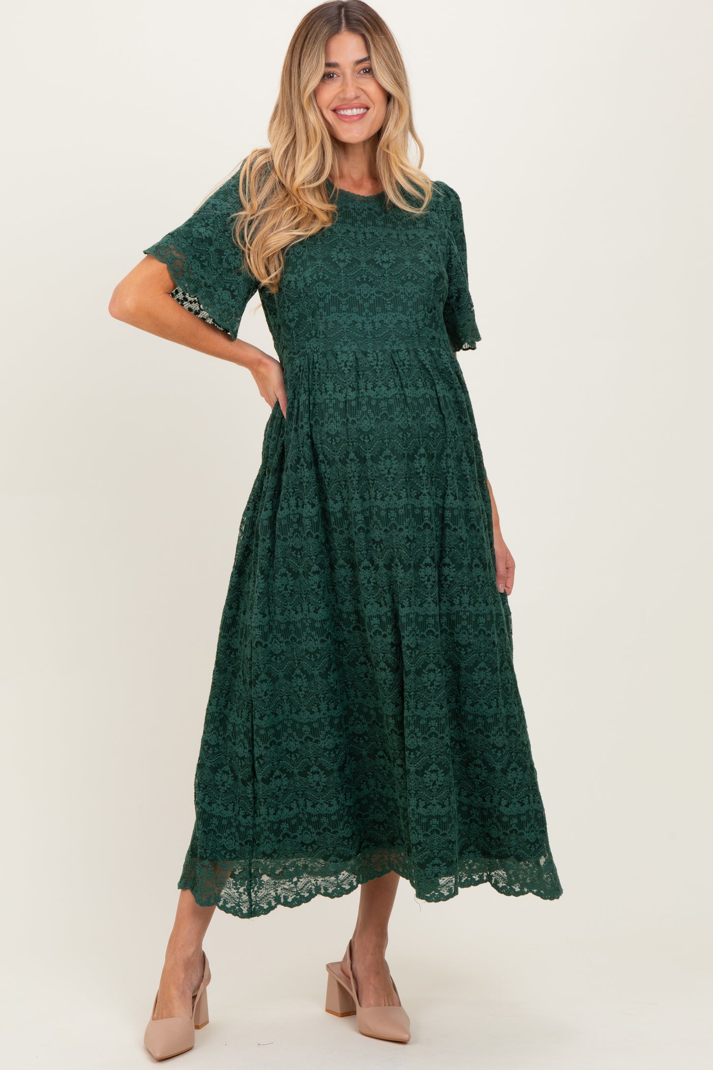 Forest Green Floral Lace Maternity Midi Dress