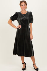 Olive Velvet Short Sleeve Midi Dress