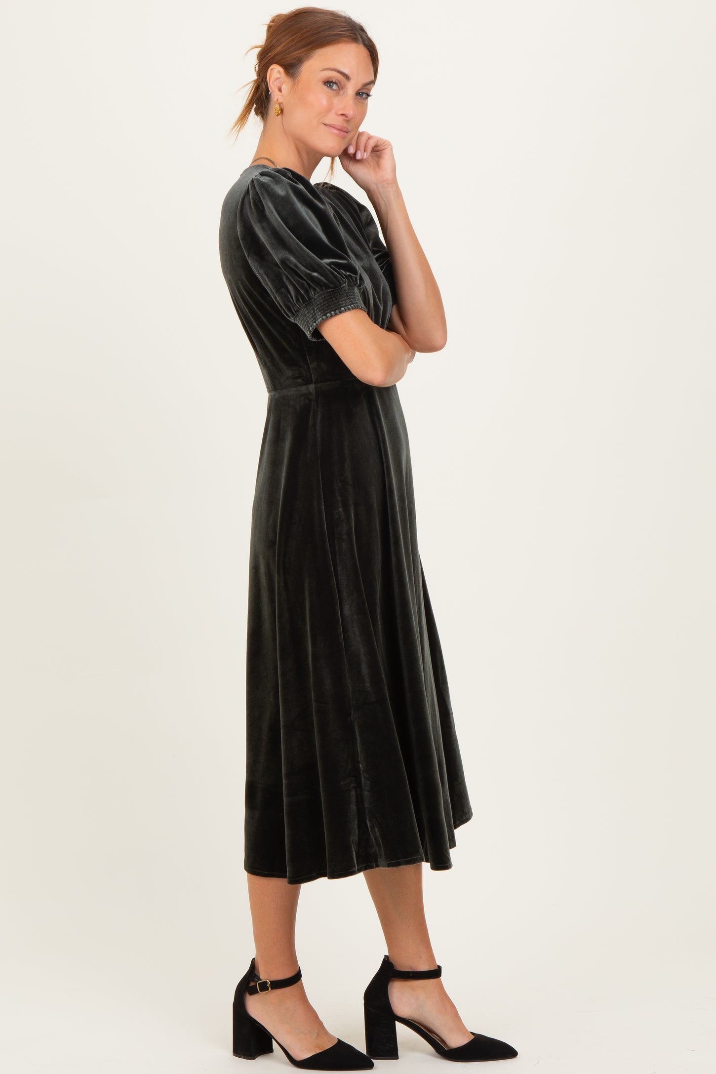 Olive Velvet Short Sleeve Midi Dress