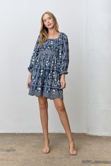 Light Navy Floral Square Neck Bubble Sleeve Maternity Dress