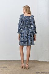 Light Navy Floral Square Neck Bubble Sleeve Dress