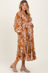 Camel Floral Twist Front Long Sleeve Maternity Midi Dress