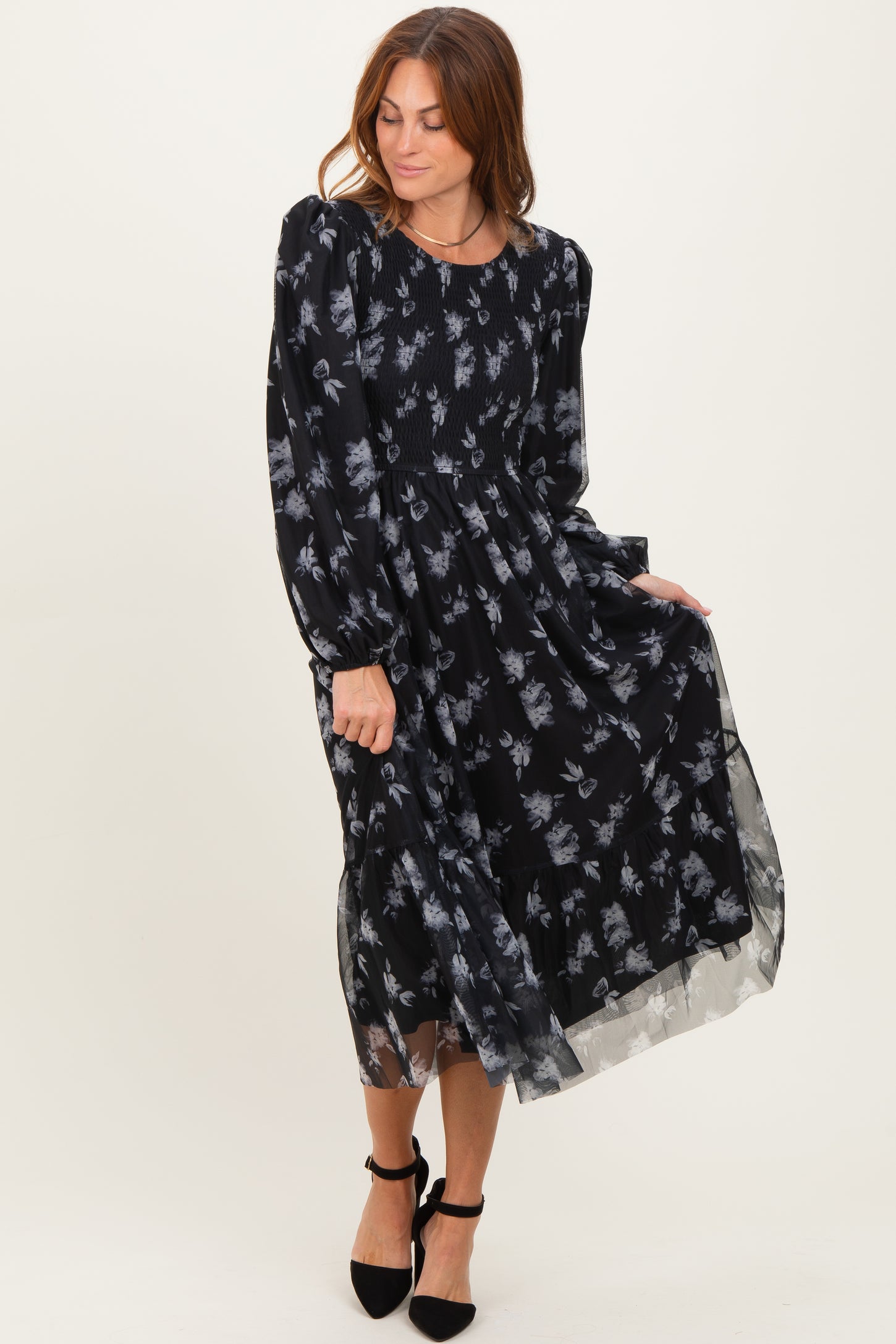 Black Floral Mesh Smocked Maternity Midi Dress