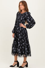 Black Floral Mesh Smocked Midi Dress