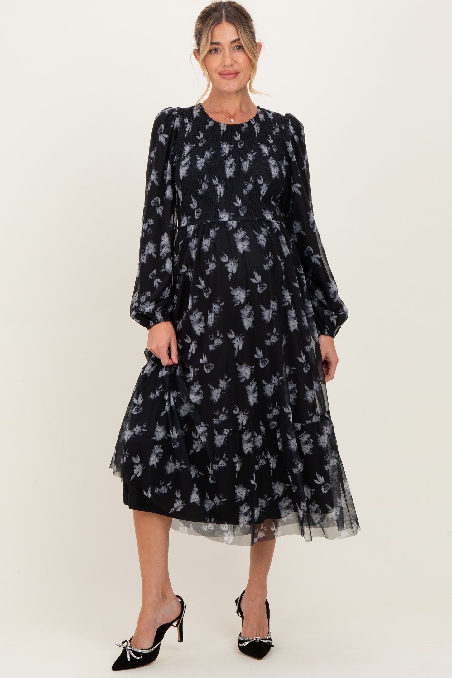 Black Floral Mesh Smocked Maternity Midi Dress