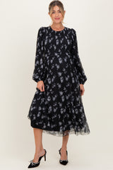 Black Floral Mesh Smocked Maternity Midi Dress