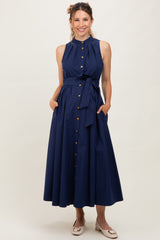 Navy Button Down Sleeveless Maternity Shirt Dress