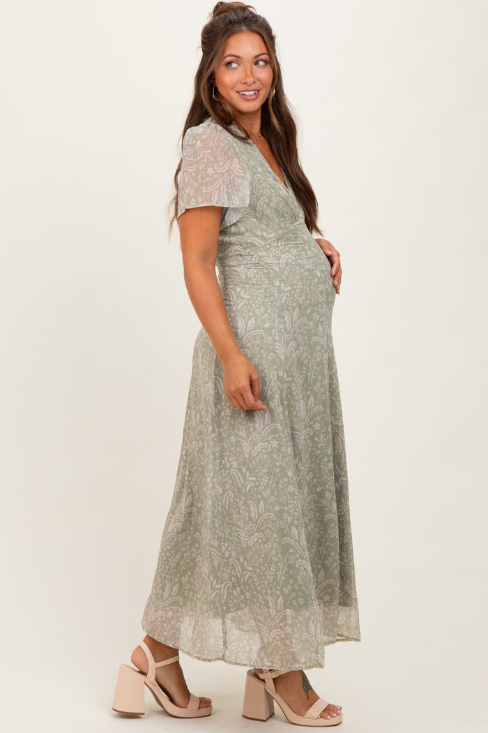 Light Olive Floral Chiffon V-Neck Maternity Maxi Dress