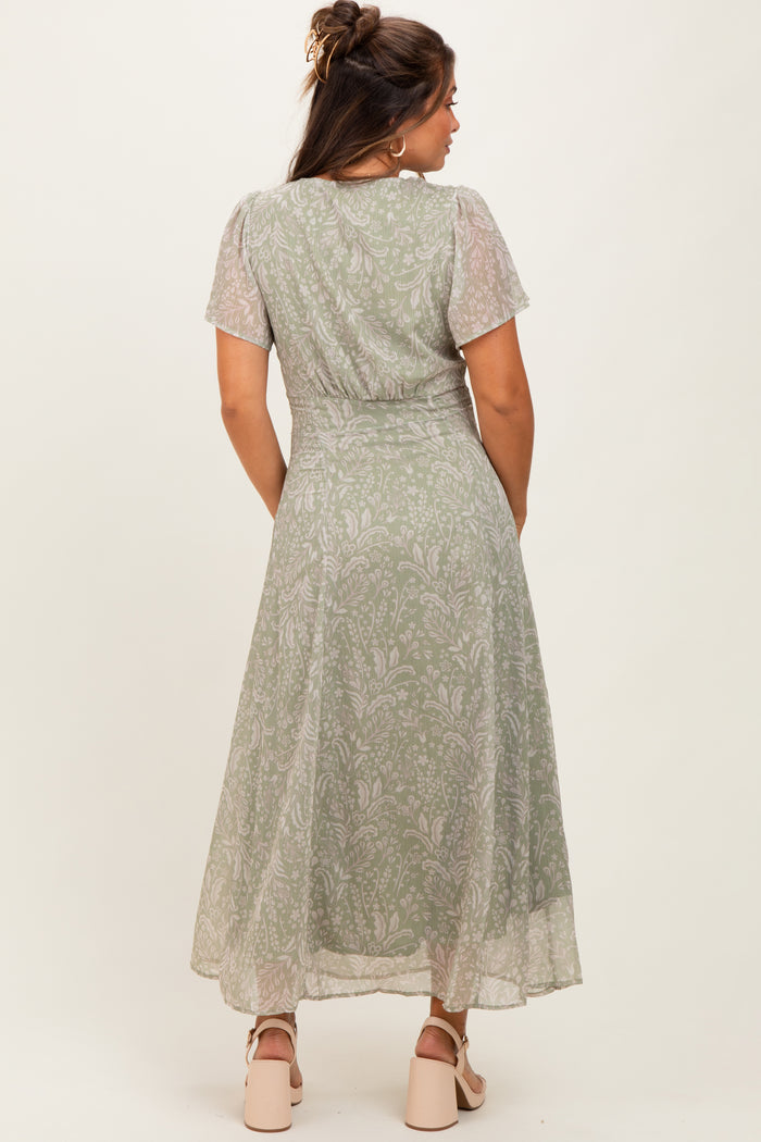 Light Olive Floral Chiffon V-Neck Maternity Maxi Dress