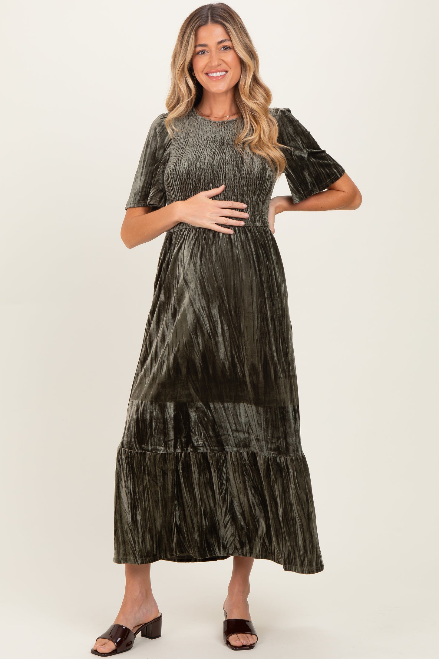 Olive Smocked Velvet Maternity MIdi Dress