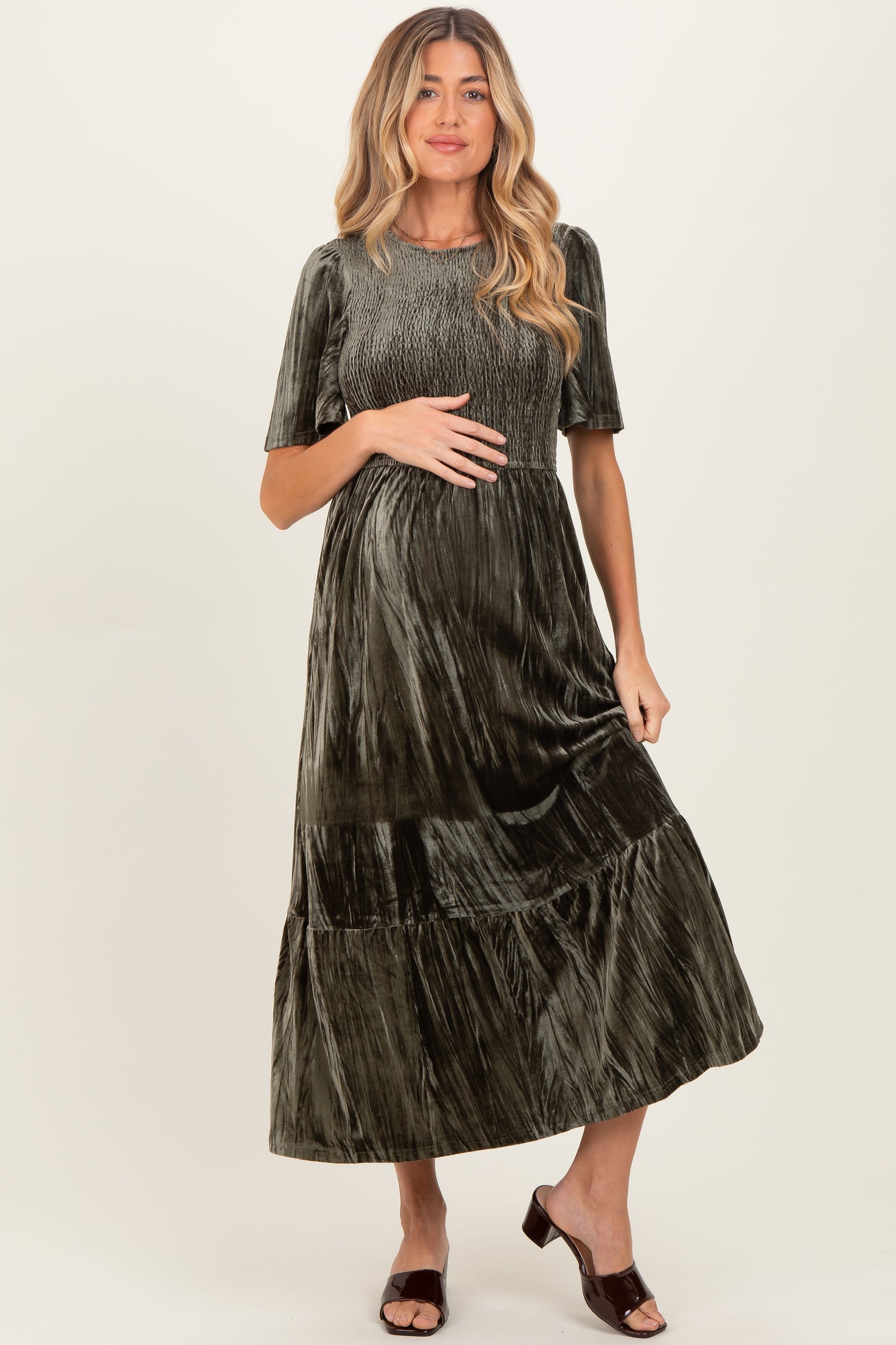 Olive Smocked Velvet Maternity MIdi Dress