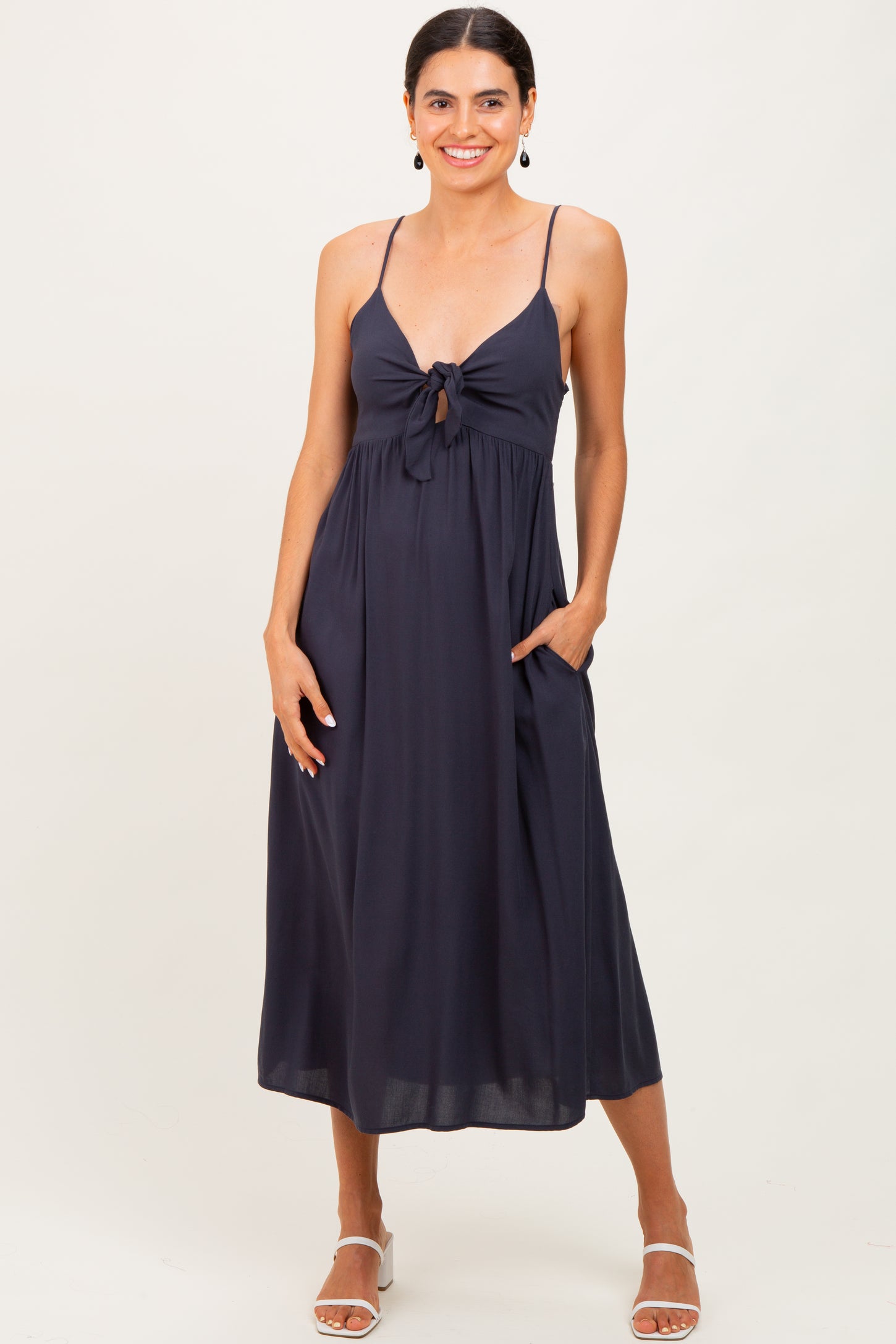 Navy Front Tie Sleeveless Midi Dress
