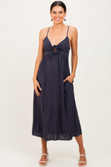 Navy Front Tie Sleeveless Midi Dress