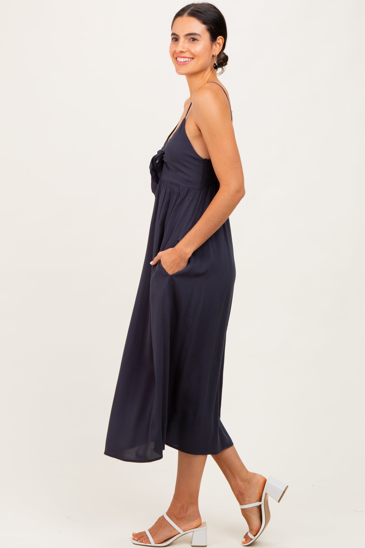 Navy Front Tie Sleeveless Midi Dress