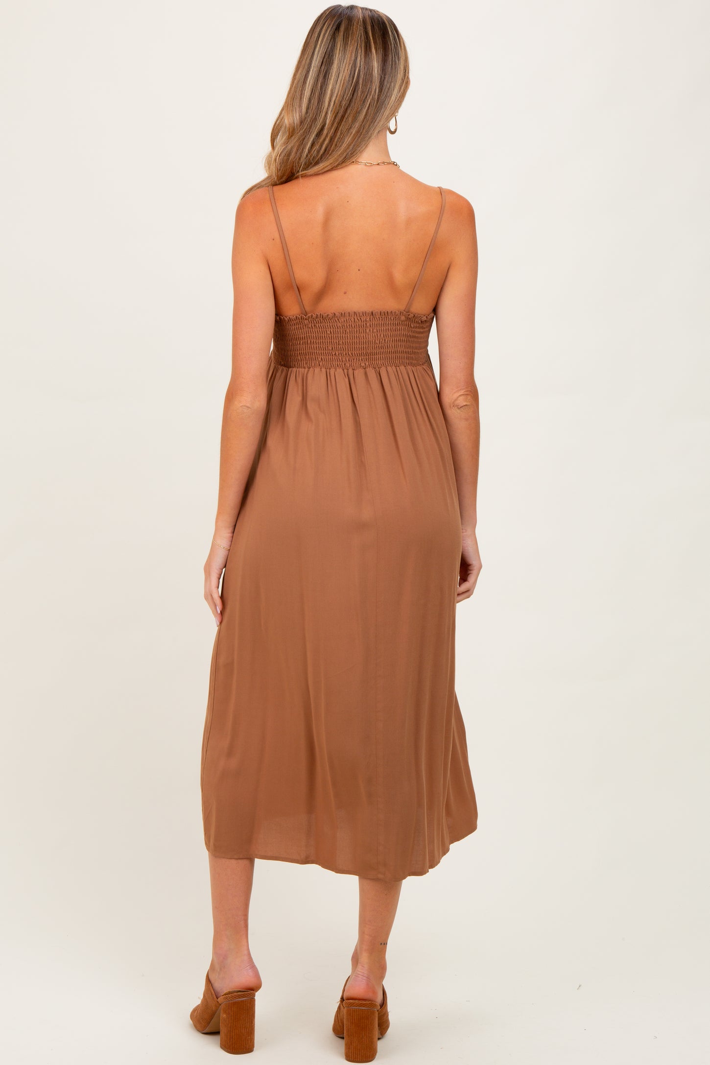 Camel Front Tie Sleeveless Maternity Midi Dress