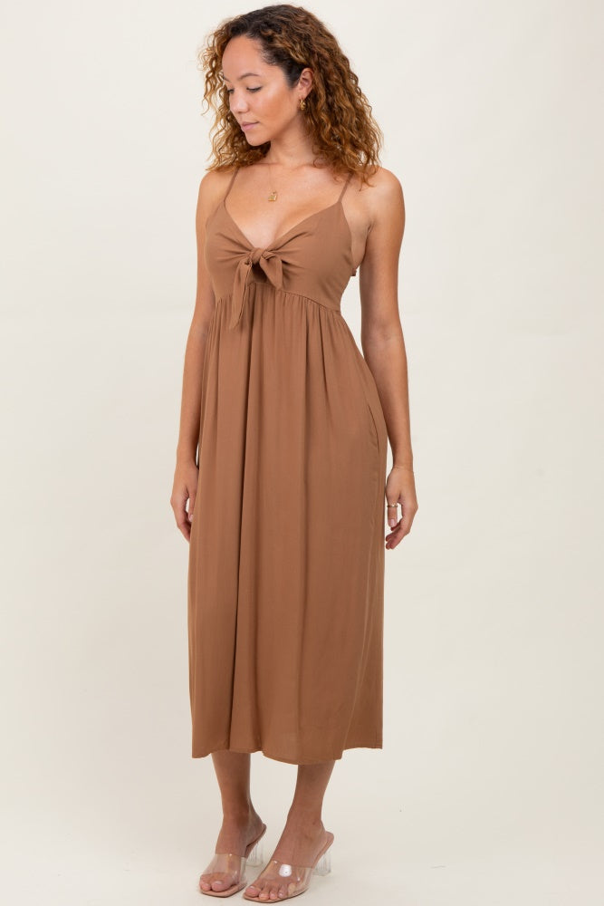 Camel Front Tie Sleeveless Midi Dress