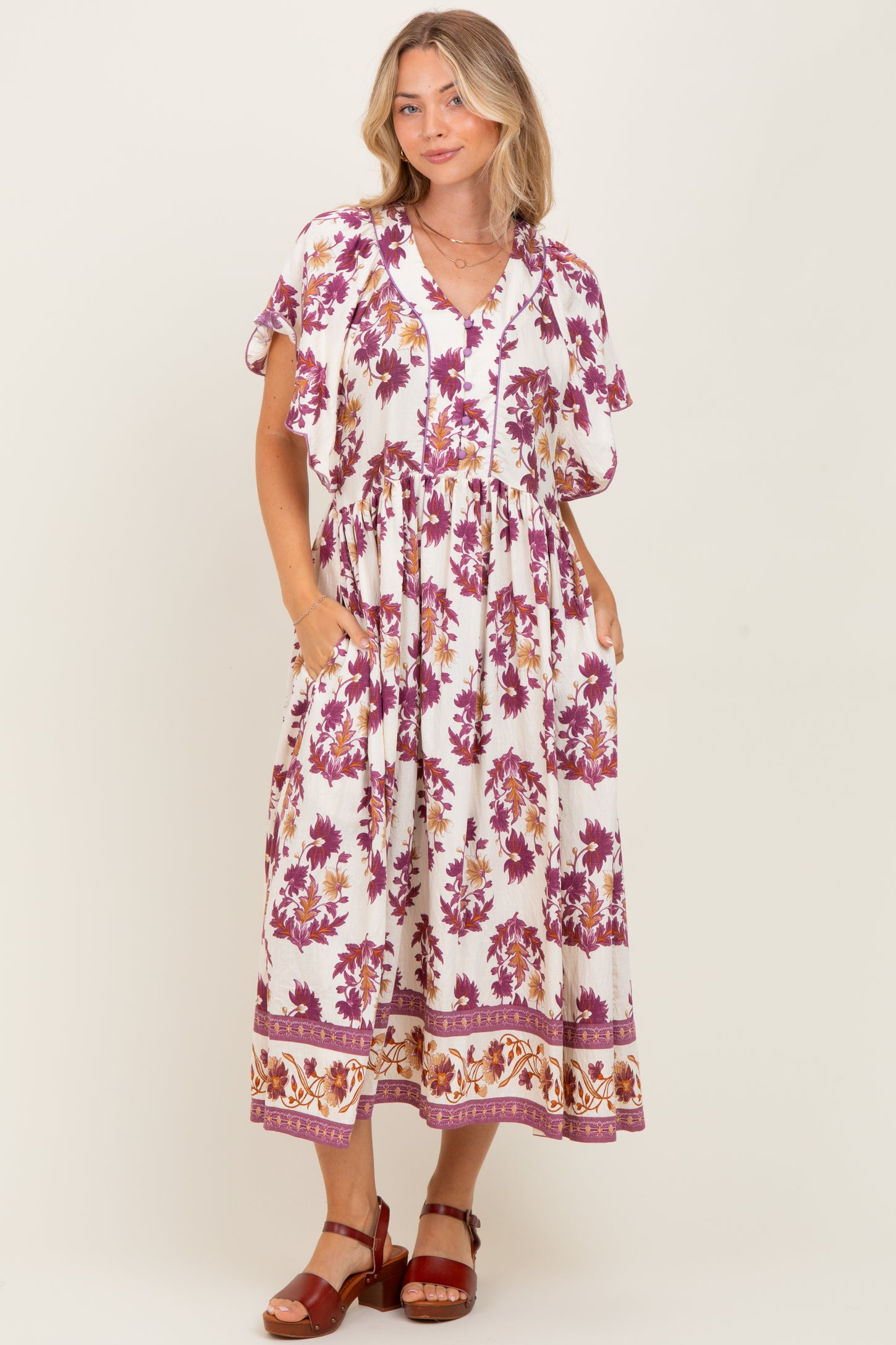 Plum Floral V-Neck Button Detail Mid Dress