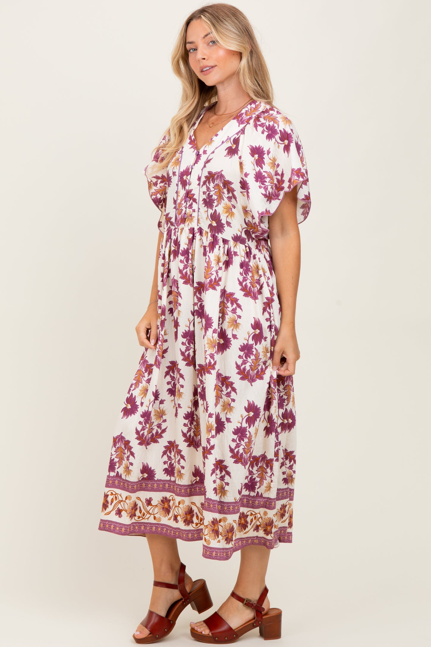 Plum Floral V-Neck Button Detail Mid Dress