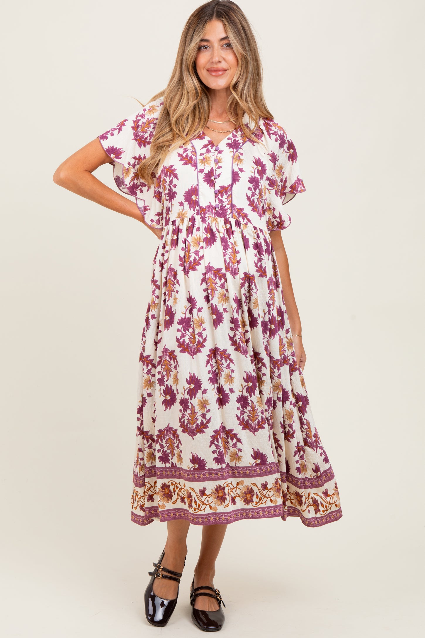 Plum Floral V-Neck Button Detail Maternity Mid Dress