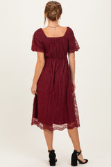 Burgundy Lace Sweetheart Neck Short Sleeve Midi Dress