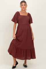 Burgundy Gingham Square Neck Ruffle Maternity Midi Dress