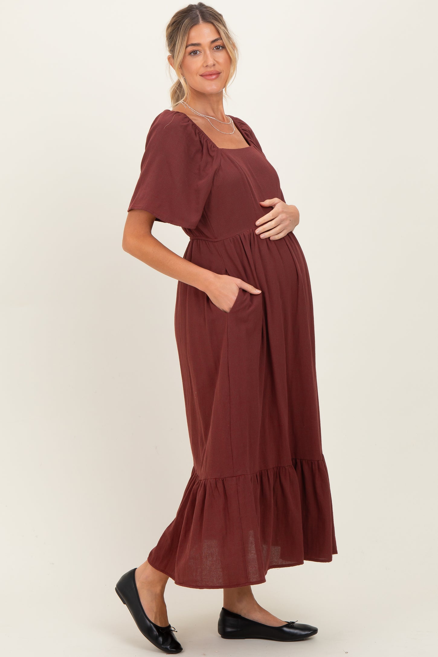 Burgundy Gingham Square Neck Ruffle Maternity Midi Dress